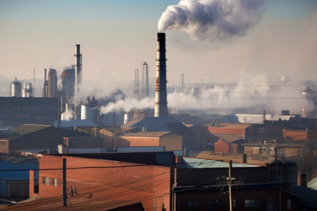 toxic fumes from smokestack rise above factory, surrounded by polluted cityscape, created with generative aiの素材