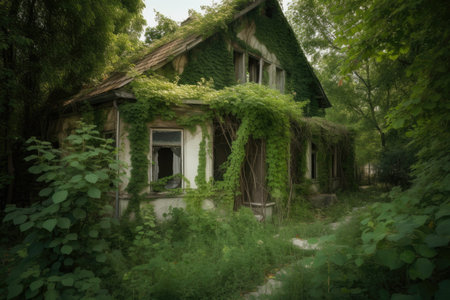 abandoned house with the remains of a once-thriving garden, now overgrown and forgotten, created with generative aiの素材