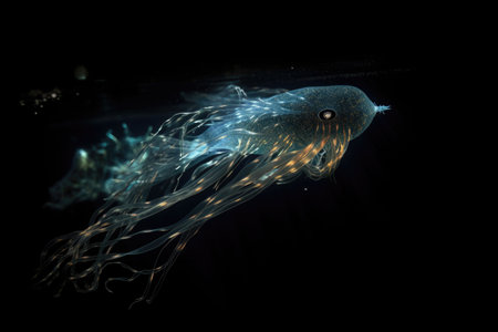 deep-sea creature swimming in the dark, with only its bioluminescent patterns visible, created with generative aiの素材