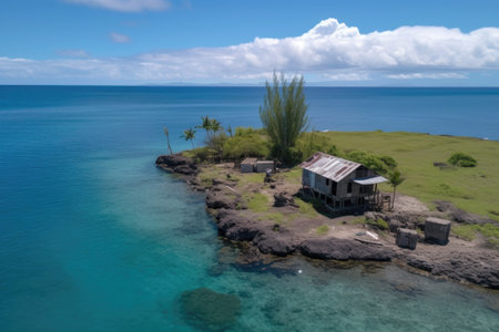 remote island hideout, with view of the ocean and peaceful beach, created with generative aiの素材