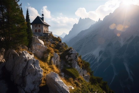 grandiose chapel surrounded by majestic mountains, a symbol of faith and strength, created with generative aiの素材