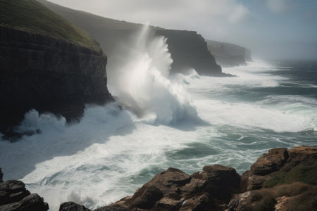 waves crashing against cliffside, with mist and spray in the air, created with generative aiの素材
