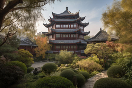 luxury hotel with view of tranquil garden and towering pagoda, created with generative aiの素材