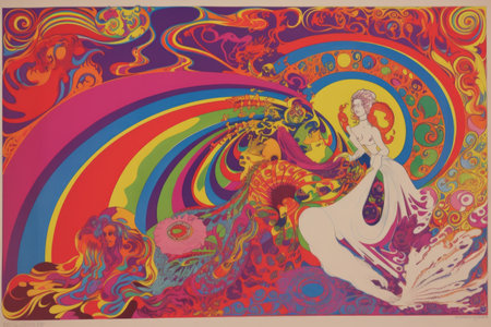 1970s psychedelic concert poster with rainbow colors and swirling designs, created with generative aiの素材