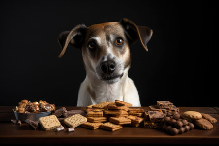 a dog savoring his pet food and treats, with a satisfied expression on his face, created with generative aiの素材