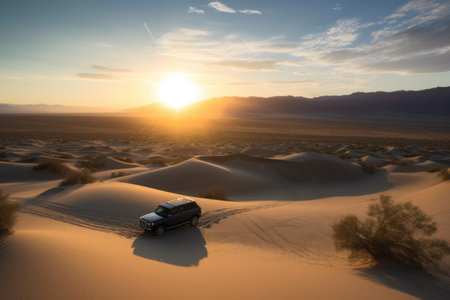 scenic road trip through the desert, with endless views of sand dunes and sunsets, created with generative aiの素材