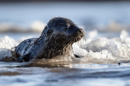 seal pup basking in the sun, with icy waves rolling in the background, created with generative aiの素材