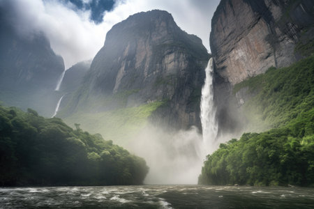 majestic waterfall, with misty spray and rush of water, against majestic mountainscape, created with generative aiの素材