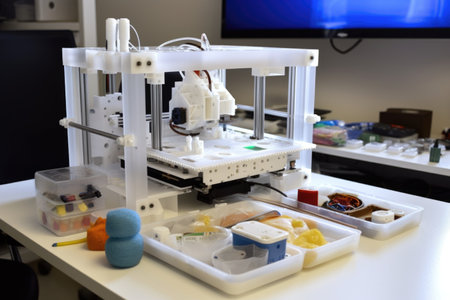 3d printing robot, with tray of raw materials and finished products at its side, created with generative aiの素材