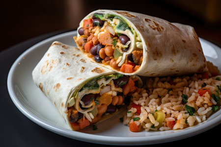 vegetarian burrito, filled with beans, rice and veggies, created with generative aiの素材