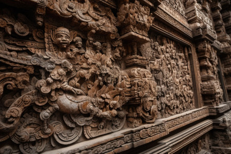 close-up of ancient stone carving, showcasing the intricate details and craftsmanship, created with generative aiの素材