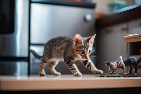 playful kitten chasing mouse toy around the kitchen, created with generative aiの素材