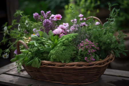 basket of fresh herbs and flowers for a beautiful, fragrant garden, created with generative aiの素材