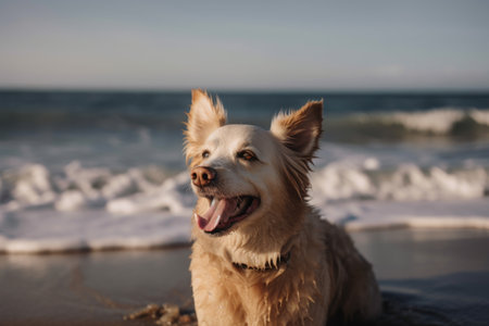 portrait of happy dog sitting on colorful beach, with rolling waves in the background, created with generative aiの素材