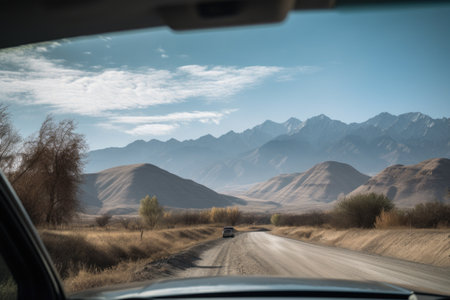 road trip, with view of majestic mountain range in the background, created with generative aiの素材