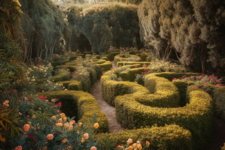 intricate maze of twisted vines and flowers in magical garden, created with generative aiの素材