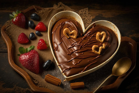 heart-shaped churro dipped in chocolate sauce, sprinkled with nuts and fruit, created with generative aiの素材