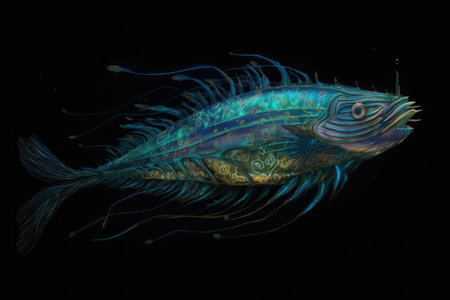 deep-sea creature, with bioluminescent patterns and colors, swimming among schools of fish, created with generative aiの素材