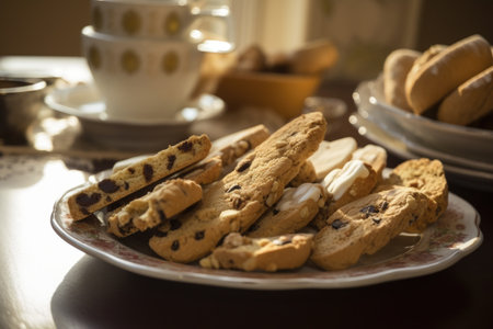 plate of cookies and biscotti, ready for breakfas, created with generative aiの素材
