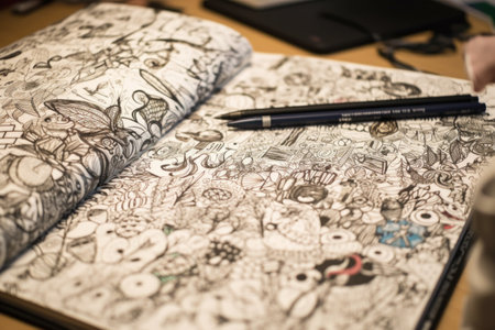 close-up of notebook filled with doodles and drawings, created with generative aiの素材