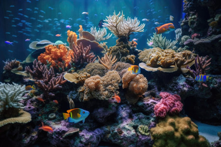 tropical aquarium with schools of tropical fish swimming among colorful corals and shells, created with generative aiの素材