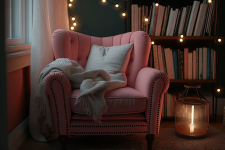 a pink armchair surrounded by fairy lights and books in a cozy reading nook, created with generative aiの素材