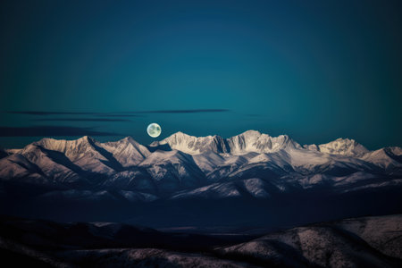 majestic mountain range with a full moon shining over the peaks, created with generative aiの素材