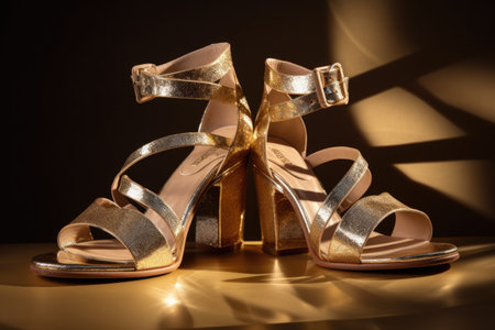 pair of sandals, wedged high on the foot, with straps crisscrossing and buckles shining in the light, created with generative aiの素材