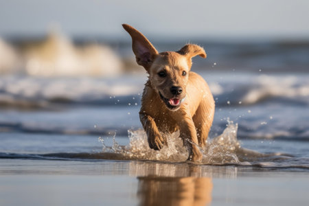 playful puppy on beach, running and jumping in the waves, created with generative aiの素材