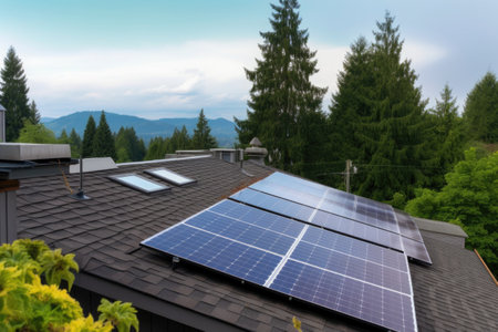 solar panel system on roof of residential house, with view of the surrounding landscape, created with generative aiの素材