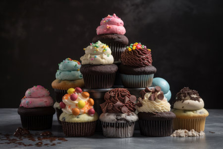 stack of mini cupcakes in assorted flavors and designs, created with generative aiの素材