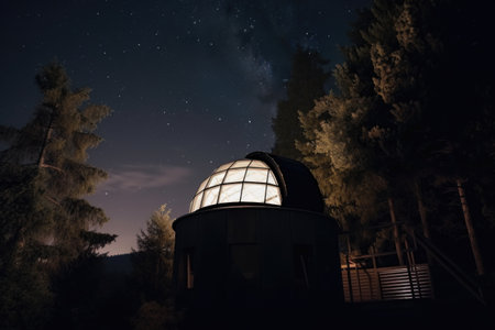 astronomical observatory, with telescope peering through window into the night sky, created with generative aiの素材