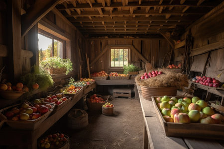 rustic barn filled with bountiful harvest, including apples and pumpkins, created with generative aiの素材