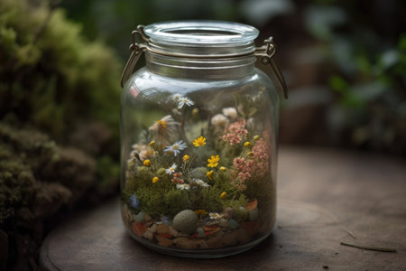 fairy garden, with tiny plants and delicate flowers, in glass jar, created with generative aiの素材