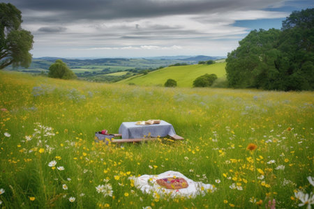picnic in meadow among wildflowers, with view of rolling hills, created with generative aiの素材