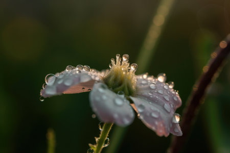 macro shot of delicate blossom with dewdrop in the early dawn, created with generative aiの素材