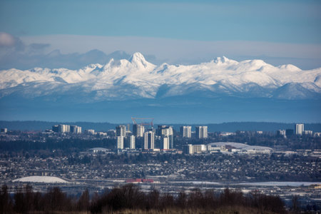 snow-capped mountain in the foreground, with city skyline visible in the distance, created with generative aiの素材