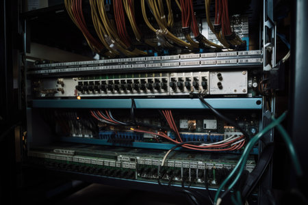 close-up of server hardware, with cables and cords visible, created with generative aiの素材