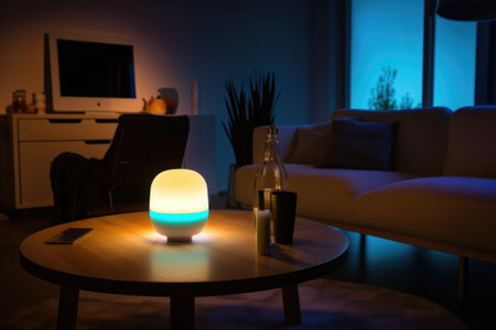 smart lighting system that adjusts its color and brightness according to ambient light, creating a soothing and relaxing environment, created with generative aiの素材