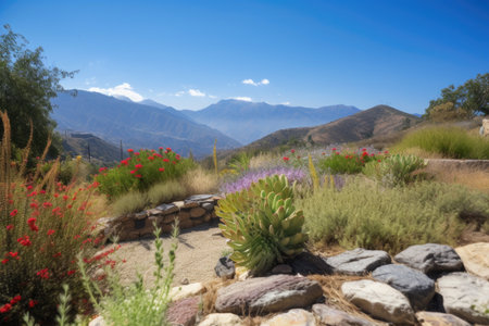 mountain view with drought-tolerant plants and clear blue skies, created with generative aiの素材