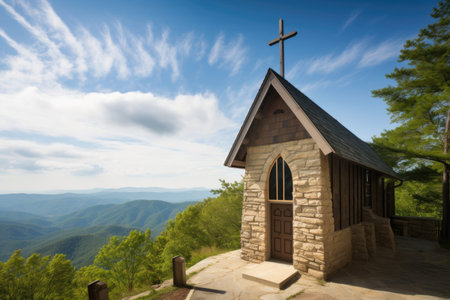 peaceful mountain chapel, with view of the valley below, and blue skies above, created with generative aiの素材
