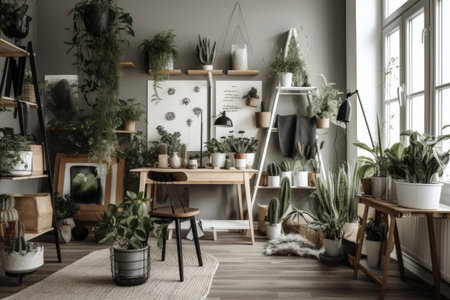 modern office space with eclectic mix of plants and accessories, created with generative aiの素材