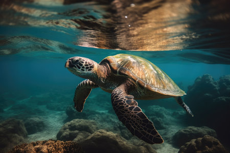 sea turtle swimming in clear blue water, with its flippers and tail visible, created with generative aiの素材