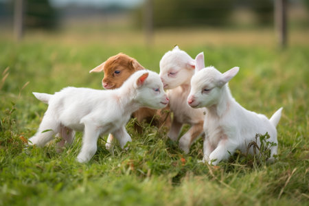 group of tiny goats wrestling in grassy meadow, created with generative aiの素材