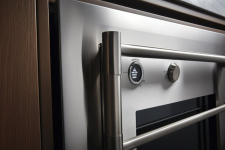 close-up of temperature-controlled holding cabinet door, showcasing sleek design and functionality, created with generative aiの素材