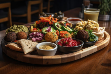 platter of plant-based and vegan tapas, including hummus, roasted vegetables, and falafel, created with generative aiの素材