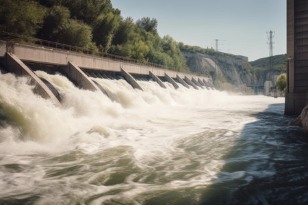view of a hydroelectric power plant with the water rushing through the dam and into the turbines, created with generative aiの素材