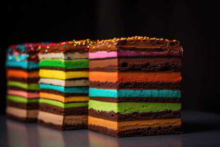 stack of colorful chocoate cakes, each layer a different flavor, created with generative aiの素材