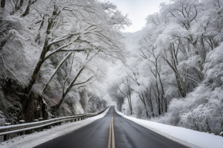 scenic highway in winter, with snow-covered trees and sparkling snow, created with generative aiの素材