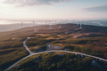aerial view of a wind farm, with turbines whirring in the air, created with generative aiの素材